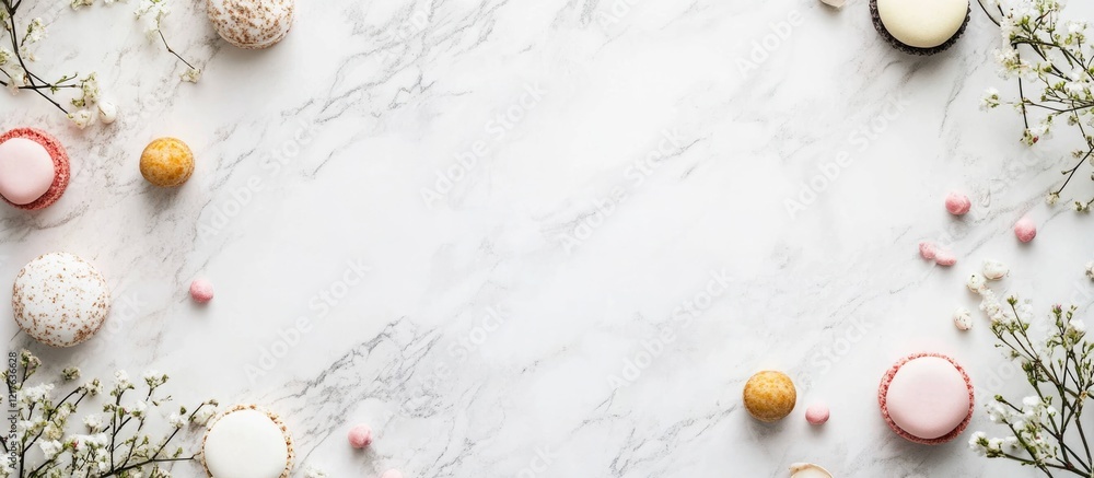 Poster stylish flat lay of colorful macarons and decorative elements on marble background with copy space f