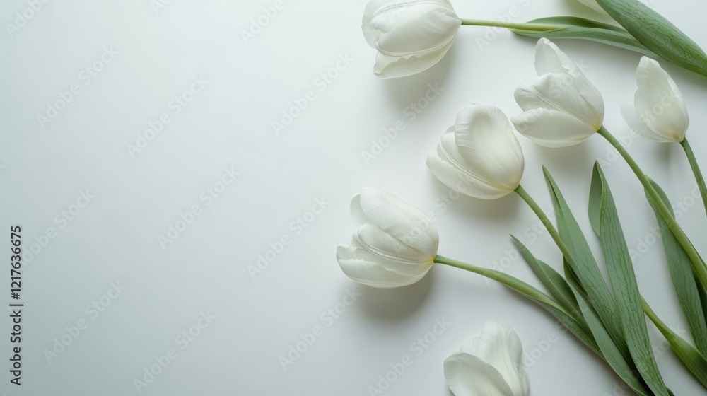 Poster white tulips arranged on a light background with ample copy space for text placement.