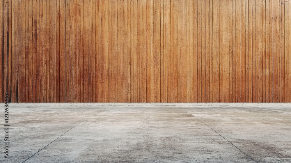 Poster wooden wall with vertical planks and concrete floor in minimalistic design with copy space for text 