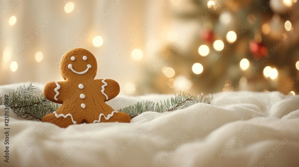 Poster gingerbread man cookie on a white blanket with christmas tree bokeh lights in the background and cop