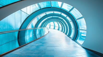 Futuristic blue curved walkway with glass walls and ceiling.