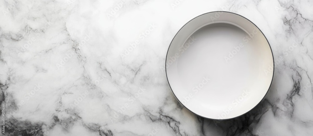 Poster empty white ceramic plate on a marble surface with copy space for text or design elements.