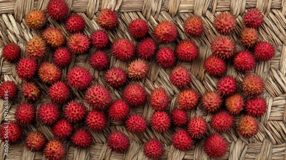 Poster red spiky fruits arranged on woven grass mat texture with natural patterns and copy space for text i