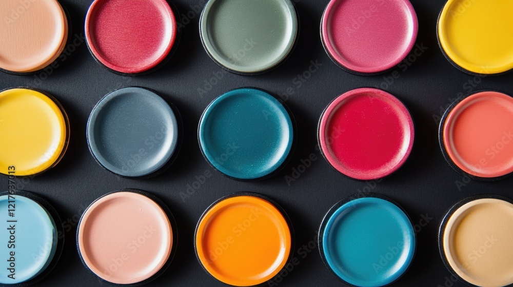 Poster colorful paint sample circular containers arranged in a grid pattern on a dark background with copy 