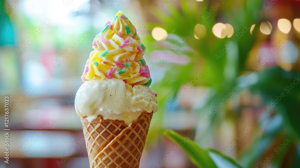 Poster colorful ice cream cone with swirled toppings and sprinkles in a blurred cafe setting with green fol