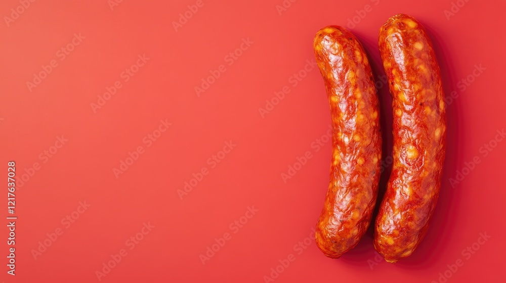 Poster two pieces of spicy sausage on a vibrant red background with ample copy space for text placement.