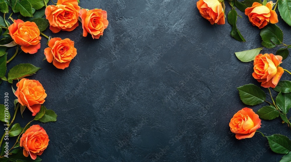 Poster orange roses with green leaves arranged on a dark textured background with copy space for text place