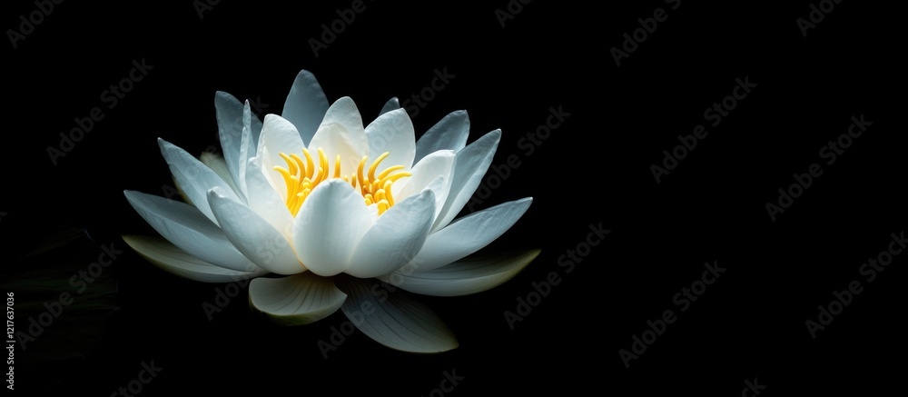 Poster white water lily on dark background with reflections and copy space for text.