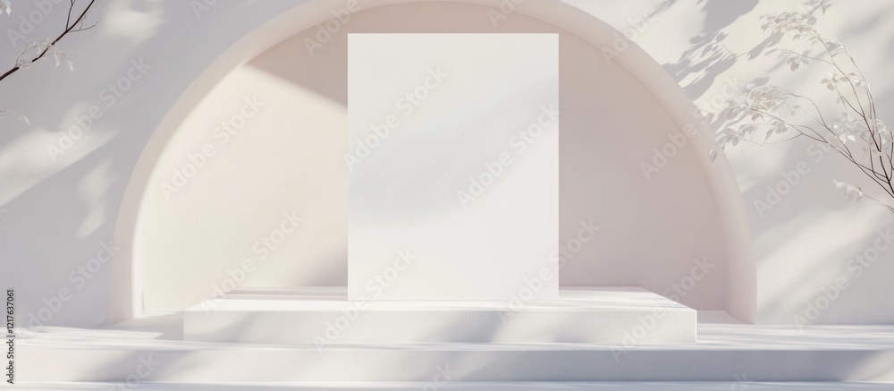Poster minimalist photo studio setup with empty display pedestal and white background for product showcasin