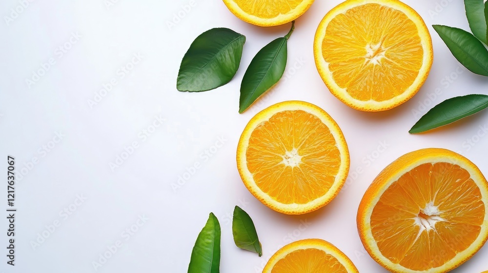 Aufkleber sliced oranges with green leaves on white background featuring ample copy space for text placement