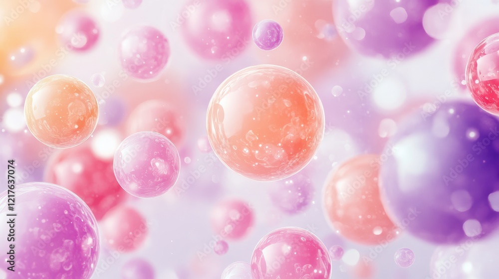 Poster colorful abstract bubbles in various sizes floating in a dreamy background with soft pastel hues and