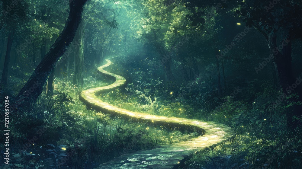 Poster winding path through a lush forest illuminated by soft light surrounded by greenery and foliage with