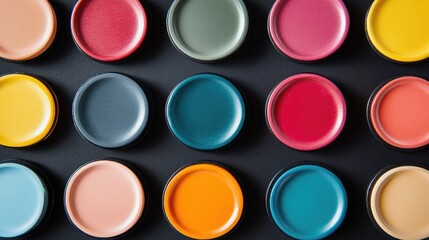 Colorful paint sample circular containers arranged in a grid pattern on a dark background with Copy Space for text placement.