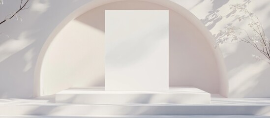 Minimalist photo studio setup with empty display pedestal and white background for product showcasing Copy Space