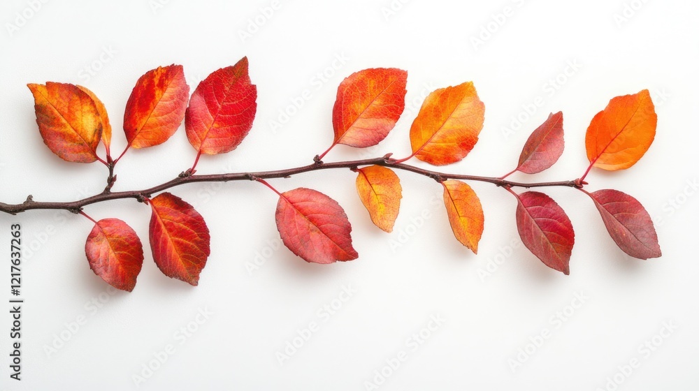 Poster colorful autumn leaves on a branch arranged on a white background with copy space for text placement