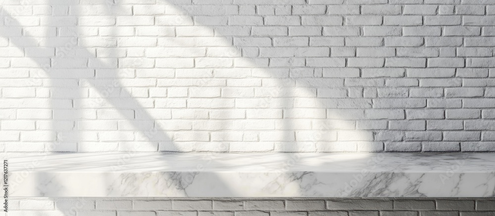 Poster white brick wall with soft shadows and marble countertop in modern interior setting with copy space 