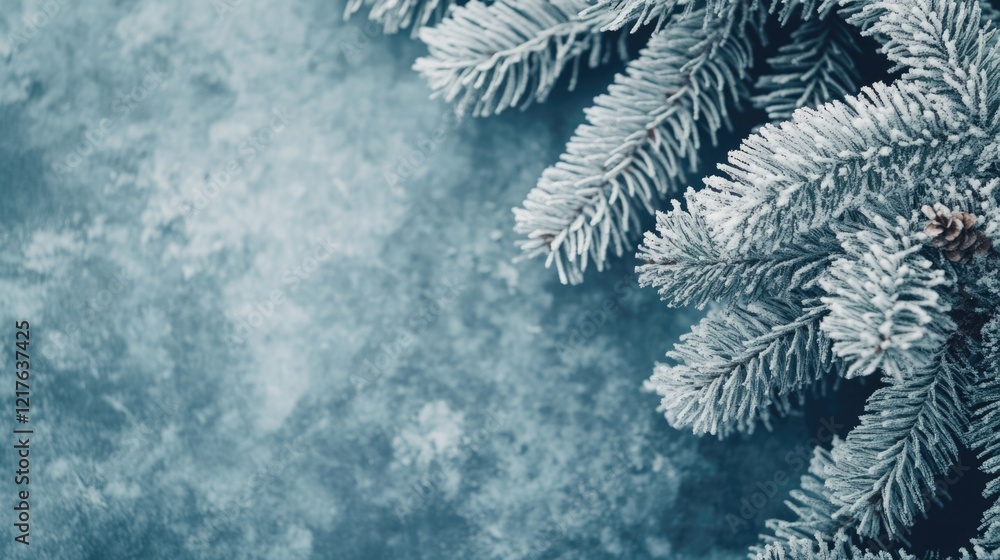 Poster frosted evergreen tree branches on a textured blue background with copy space for seasonal design ap