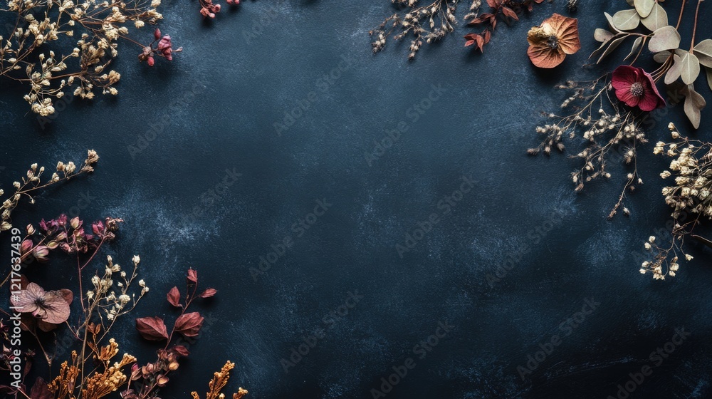 Poster dried flowers and foliage arranged on dark textured background with copy space for text or design el