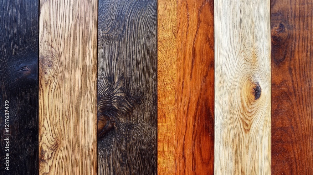 Poster assorted wooden planks in various natural colors and textures arranged side by side with copy space 