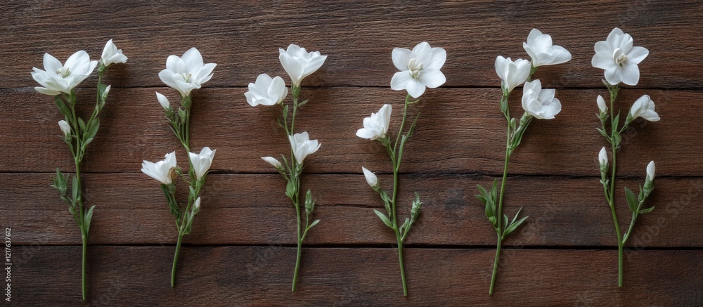 Aufkleber white flowers arranged in a row on a wooden background with copy space for text placement.