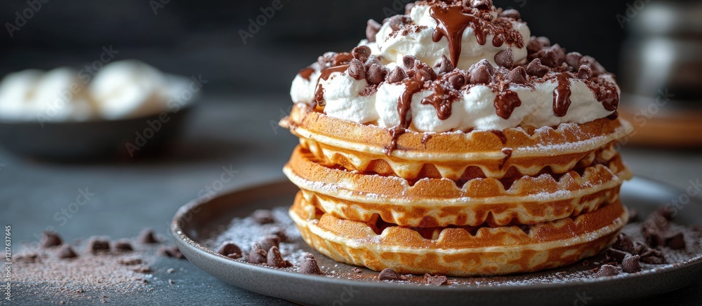 Poster stack of golden waffles topped with whipped cream chocolate chips and drizzle of chocolate sauce on 