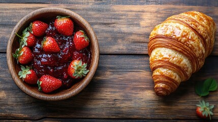 Strawberries in wooden bowl with strawberry jam next to a freshly baked croissant on rustic wooden table Copy Space