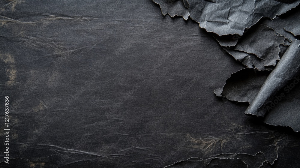 Poster dark textured paper background with crumpled sheets and rolled edges featuring ample copy space for 