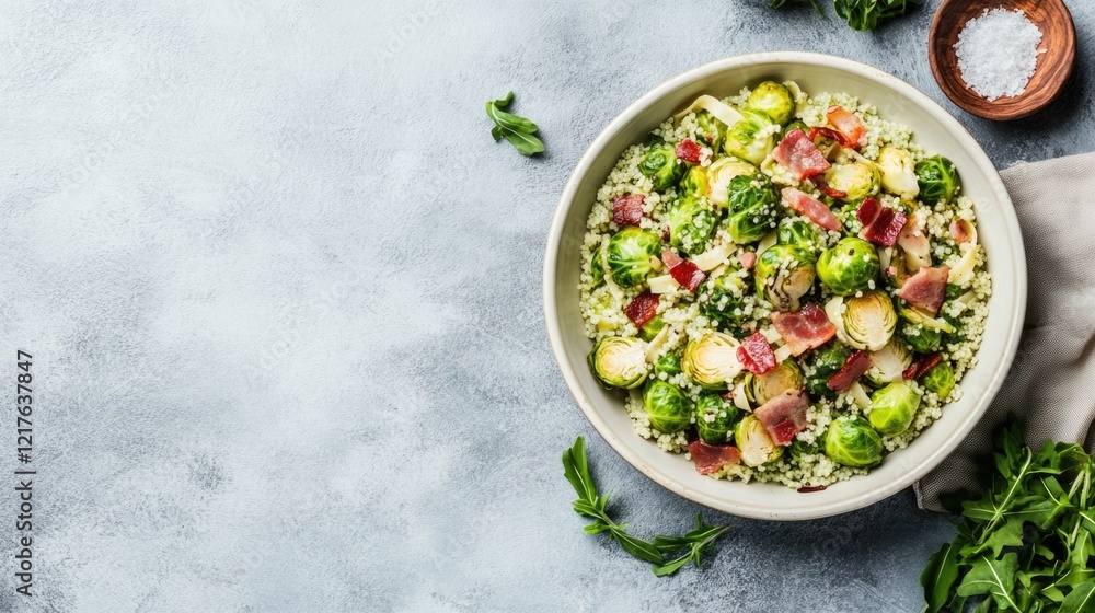 Poster brussels sprouts salad with bacon and couscous in a bowl on a light background with copy space for t