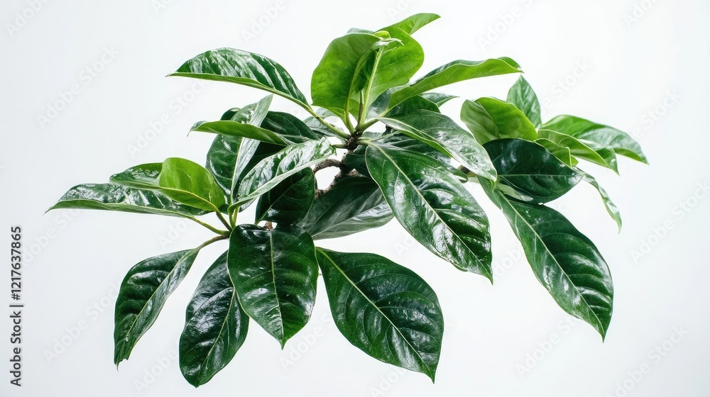 Aufkleber green glossy leaves of a ficus tree branch against a white background with copy space for text place