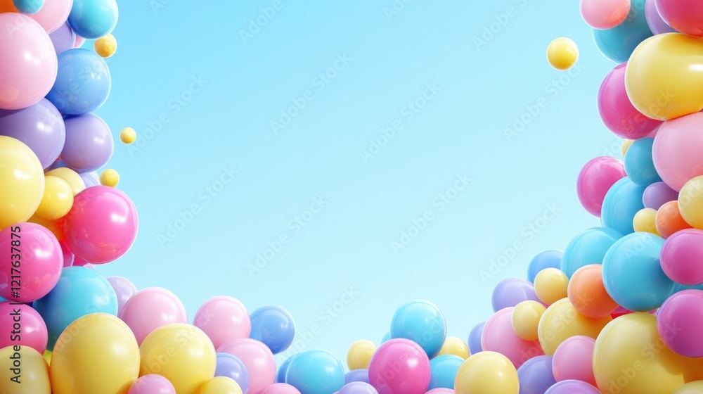 Poster colorful balloons in various sizes with a light blue sky background and ample copy space for text or