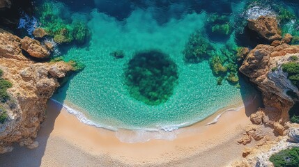 Obraz premium Aerial view of a pristine beach with turquoise waters, rocky coastline and clear sandy shore, featuring ample Copy Space for text.