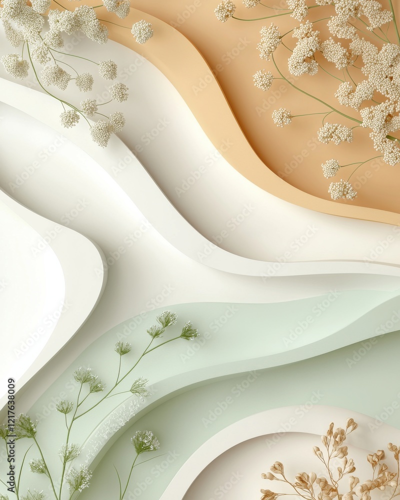 Poster minimalistic layered textures and details with overlapping shapes and flowers soft color palette ind