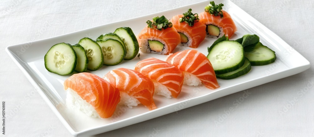 Poster sushi platter featuring salmon nigiri and cucumber slices on a white rectangular plate with copy spa