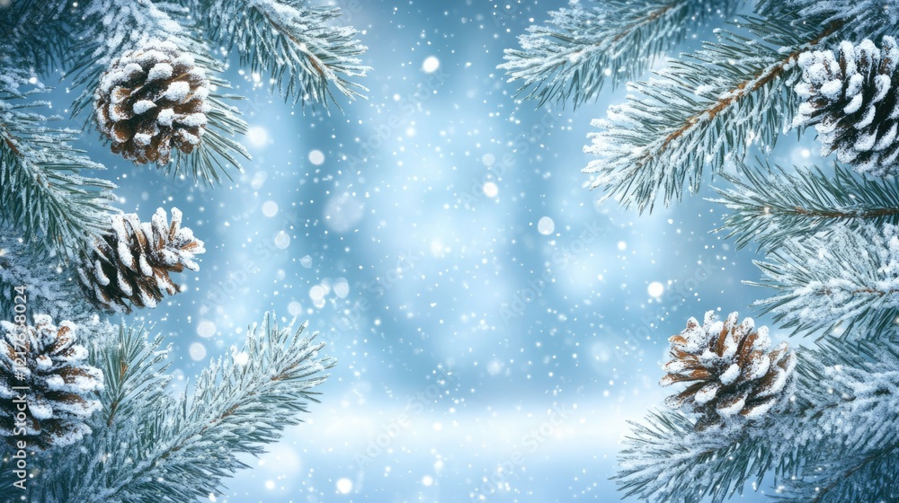 Poster snowy pine cones and evergreen branches on frosty background with copy space for text
