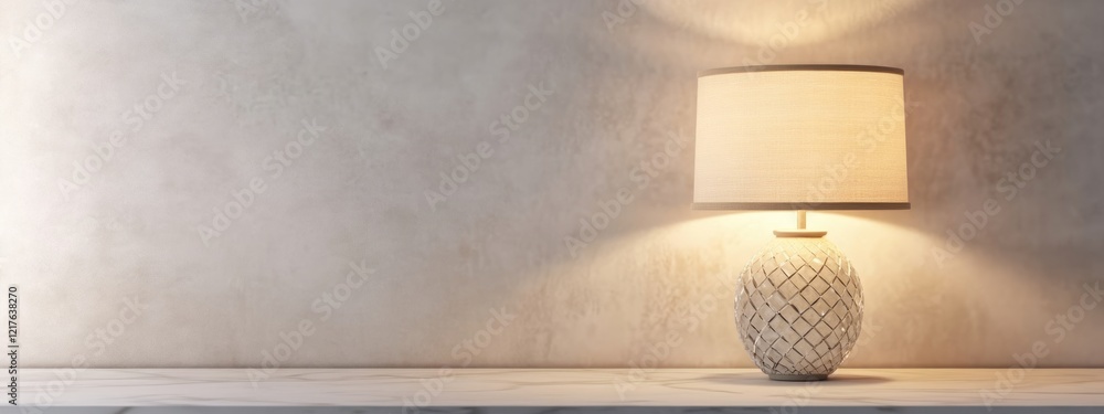 Poster minimalist table lamp on shelf with soft light casting shadows on textured gray wall copy space