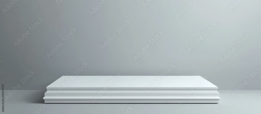 Poster minimalist white display pedestal on gray wall background with ample copy space for product showcasi