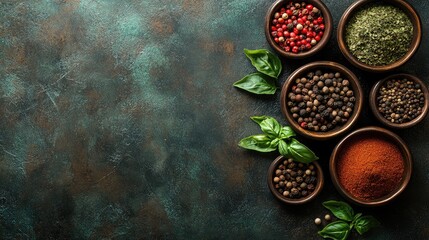 Assorted spices and herbs in wooden bowls on dark textured background with copy space for text