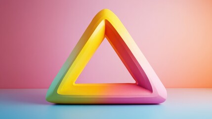 Colorful 3D abstract geometric triangle shape with gradient effect on pastel pink and blue background Copy Space