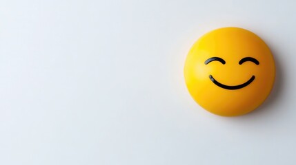 Fototapeta premium Smiling yellow emoji on white background with copy space for text placement