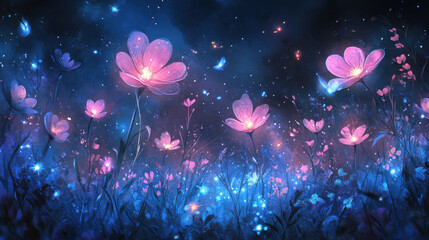 an elegant watercolor artwork of surreal glowing flowers blooming in a moonlit meadow, faint mist curling between them, fireflies creating sparkling accents