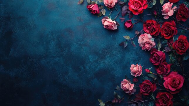 Colorful arrangement of red and pink roses on deep blue textured background with Copy Space for text placement