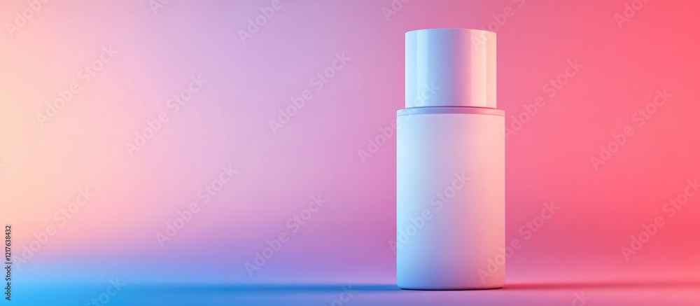 Poster blank white cylindrical container on a gradient pink and blue background with copy space for brandin
