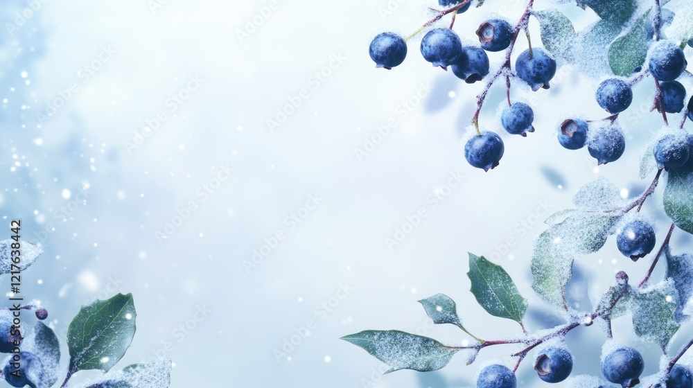 Poster snow-covered blueberries on branches with soft focus background and copy space for text. winter seas