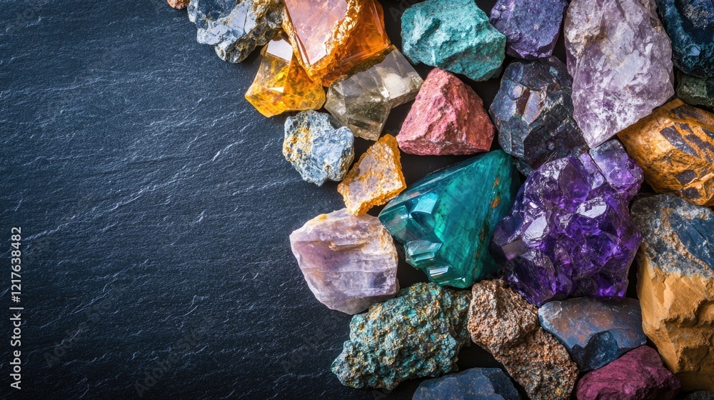 Poster colorful assorted gemstones and crystals on a dark slate background with copy space for text placeme