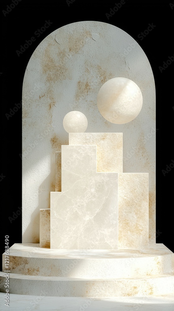 Poster minimalistic stacked shapes display in a modern gallery textured layers abstract art indoor contempo