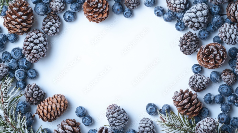 Poster frosted pinecones and blueberries arranged in circular pattern with copy space for text on white bac