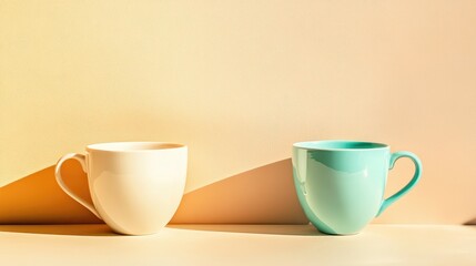 Fototapeta premium Minimalist composition of two coffee mugs in neutral tones with soft shadows and warm lighting on textured background Copy Space