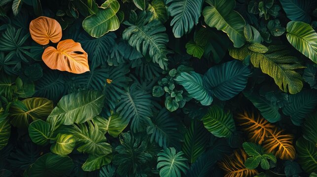 Vibrant tropical foliage with a variety of green leaves and a single orange leaf on a dark background Copy Space