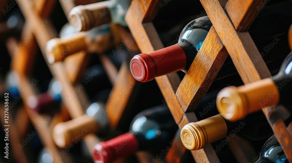 Poster wine bottles in wooden rack with colorful corks and copy space for text
