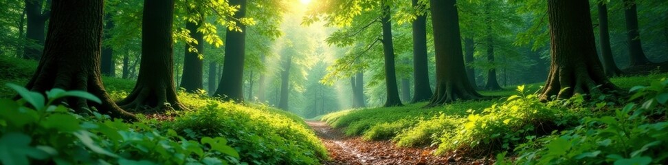 Fototapeta premium Forest floor under a canopy of branches and leaves, greenery, coniferous trees